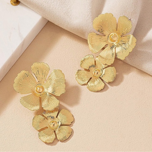 Double Flower Gold Drop Eearrings - Picture 8 of 17